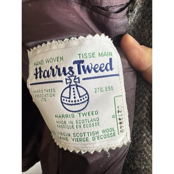 Harris Tweed Blazer 46L Men Hand Woven Scotland Gray Herringbone Wool - Picture 6 of 9